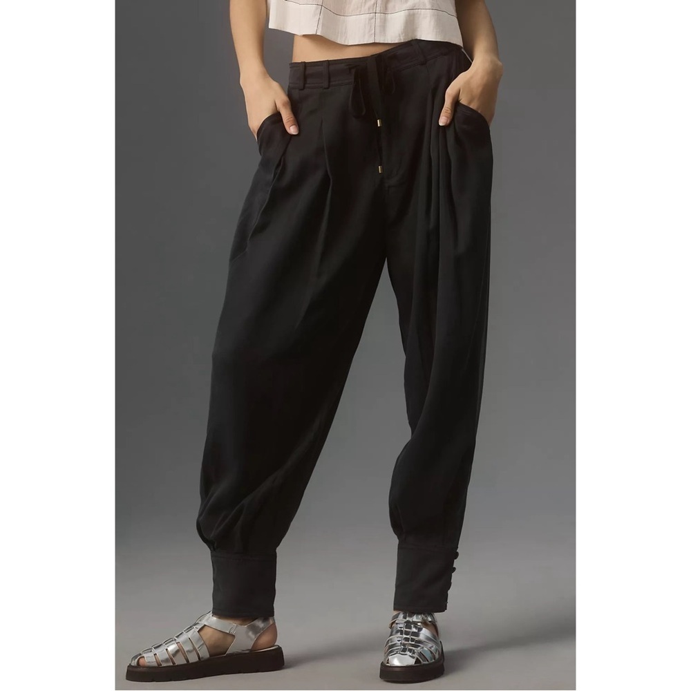 Anthropologie Black Pleated Barrel Pants Cuffed Jogger High Rise Small NWT